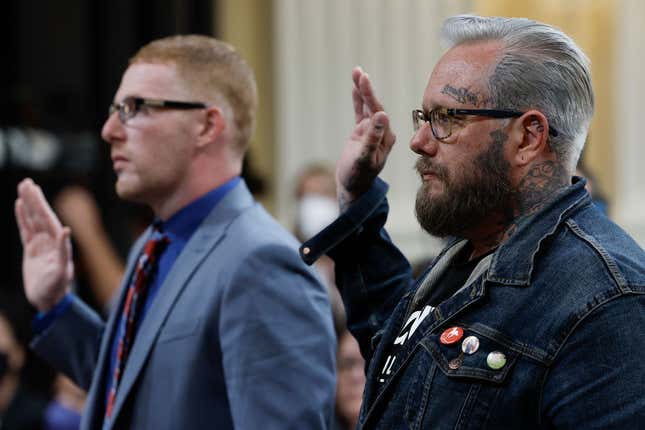  Stephen Ayres (L), who entered the U.S. Capitol illegally on January 6, 2021, and Jason Van Tatenhove (R), who served as national spokesman for the Oath Keepers and as a close aide to Oath Keepers founder Stewart Rhodes, are sworn-in during the seventh hearing by the House Select Committee to Investigate the January 6th Attack on the U.S. Capitol in the Cannon House Office Building on July 12, 2022, in Washington, DC.