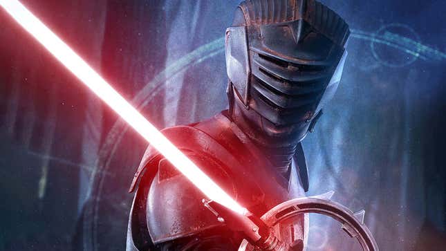 An image shows a masked warrior in black armor holding a red lightsaber.