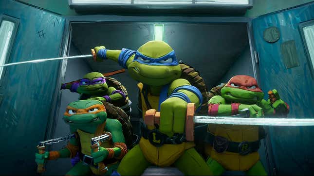 A TMNT screenshot shows Leo, Mikey, Raf, and Donnie pose with their ninja weapons.