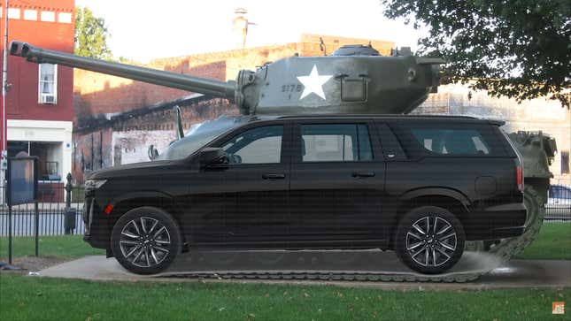 Cadillac Escalade overlaid on top of a Sherman tank from WWII to compare sizes.