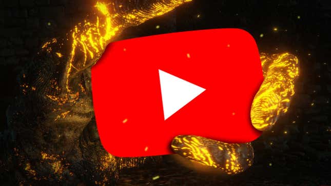 It's a fiery-looking hand clutching the YouTube logo between it's big-ass fingers.