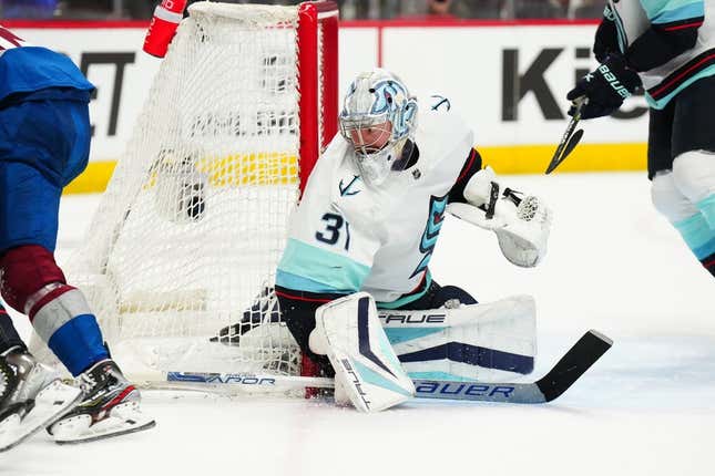 Apr 18, 2023; Denver, Colorado, USA; Seattle Kraken goaltender Philipp Grubauer (31) defends the net during the second period against the Colorado Avalanche in game one of the first round of the 2023 Stanley Cup Playoffs at Ball Arena.