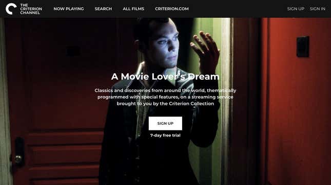 A screenshot of The Criterion Channel homepage featuring a still of Jude Law from the Movie AI and the caption "A Movie Lover's Dream"