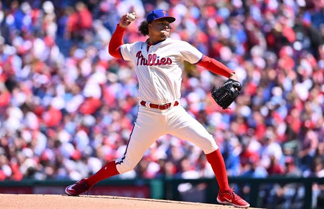 Apr 9, 2023; Philadelphia, Pennsylvania, USA; Philadelphia Phillies pitcher Taijuan Walker (99) throws a pitch against the Cincinnati Reds in the first inning at Citizens Bank Park.