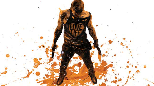 A person holding a gun in one hand and a melee weapon in the other stands atop stylized blood splatter.