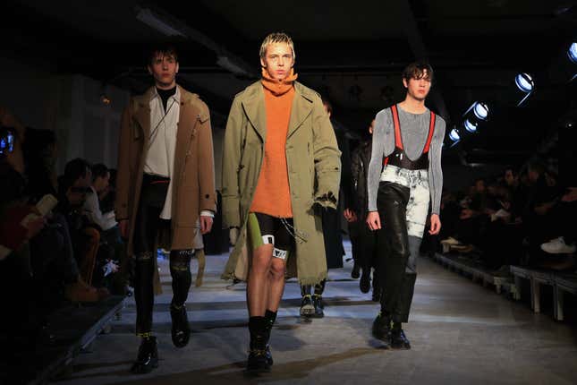A model wears a creation as part of Maison Margiela men's Fall-Winter 2016/2017 fashion collection presented in Paris, Friday, Jan. 22, 2016.