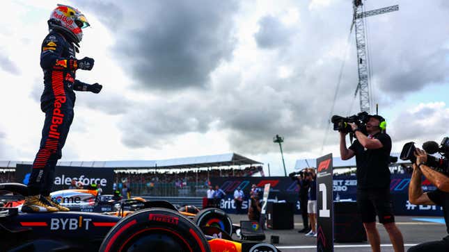 Race winner Max Verstappen of the Netherlands and Oracle Red Bull Racing celebrates in parc ferme during the F1 Grand Prix of Great Britain at Silverstone Circuit on July 09, 2023 in Northampton, England