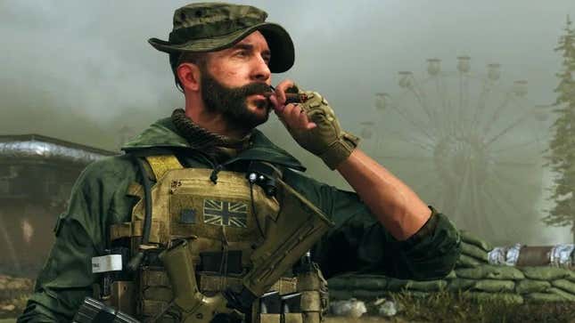 Call of Duty Modern Warfare's Captain Price puffs a cigar after watching workers prevail. 