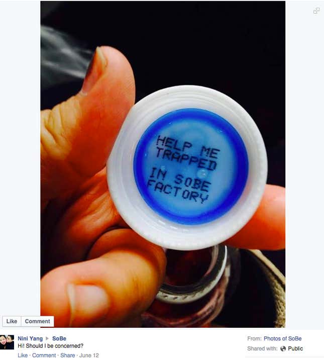 SoBe Lifewater freaks everyone out with a bottle-cap joke about slave labor