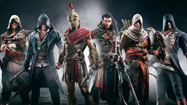 A bunch of Assassin's Creed protagonists stand in a row. 