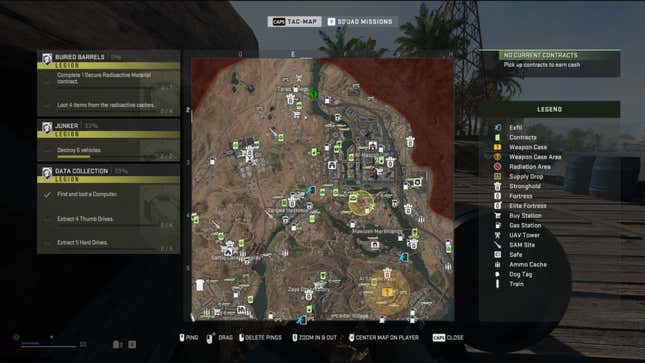 The tac-map in Call of Duty shows several objectives and missions.