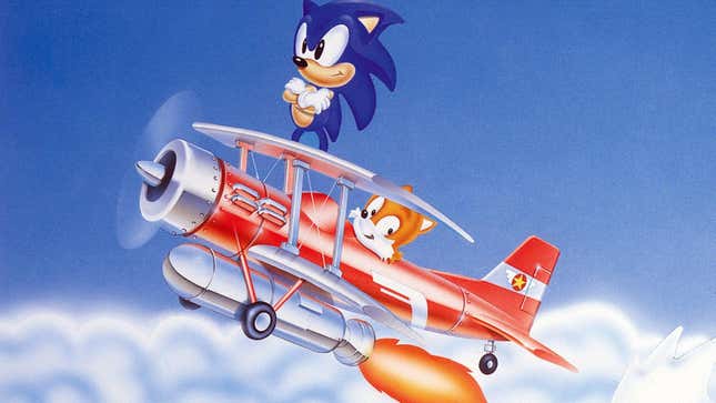 A piece of Sonic the Hedgehog 3 artwork depicting Sonic standing atop Tails' red biplane as it soars above some clouds.