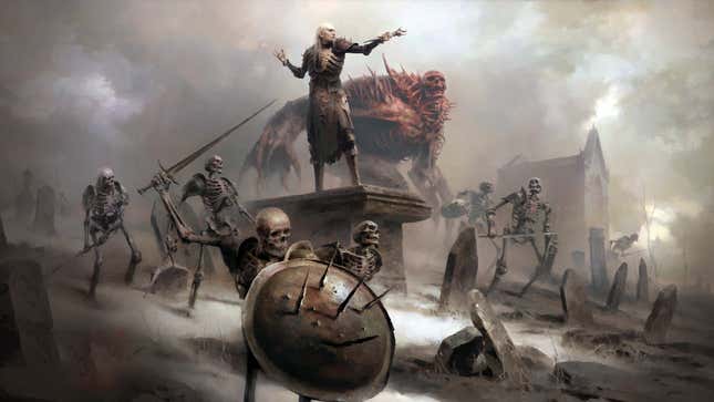 The Necromancer in Diablo IV is standing atop a ledge, directing a skeleton army to fight on her behalf.