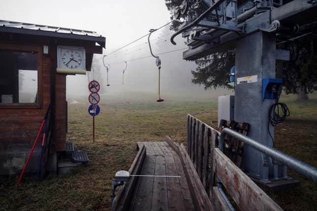 A closed ski lift at Le Revard, near Aix-les-Bains, in the French Alps.