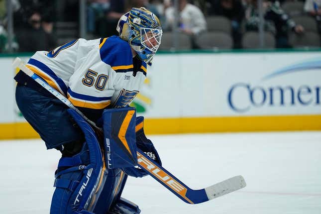Apr 13, 2023; Dallas, Texas, USA;  St. Louis Blues goaltender Jordan Binnington (50) faces the against the Dallas Stars attack during the second period at American Airlines Center.