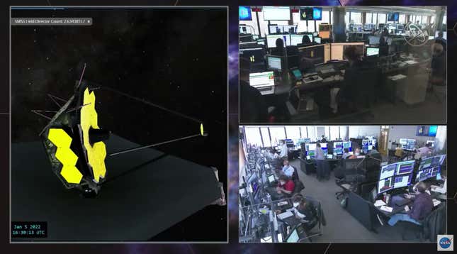 Screenshot from NASA’s broadcast of the secondary mirror deployment, showing an animated view of the Webb telescope and the control rooms.