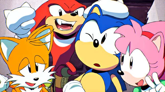 Sonic, Tails, Knuckles, and Amy pal around in a still from Sonic Origins' anime intro.