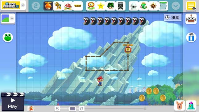 A grid shows where new Mario level elements can be placed. 