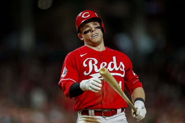 Sep 9, 2023; Cincinnati, Ohio, USA; Cincinnati Reds center fielder Harrison Bader (4) reacts after a strike called in the fifth inning in the game against the St. Louis Cardinals at Great American Ball Park.