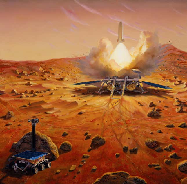 An artist’s imagining from the 1990s of what a Mars sample return could look like.