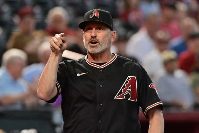 Apr 12, 2023; Phoenix, Arizona, USA; Arizona Diamondbacks manager Torey Lovullo (17) reacts in the third inning against the Milwaukee Brewers at Chase Field.