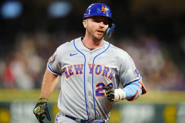 May 27, 2023; Denver, Colorado, USA; New York Mets first baseman Pete Alonso (20) rounds the bases after hitting a solo home run against the Colorado Rockies in the fourth inning at Coors Field.