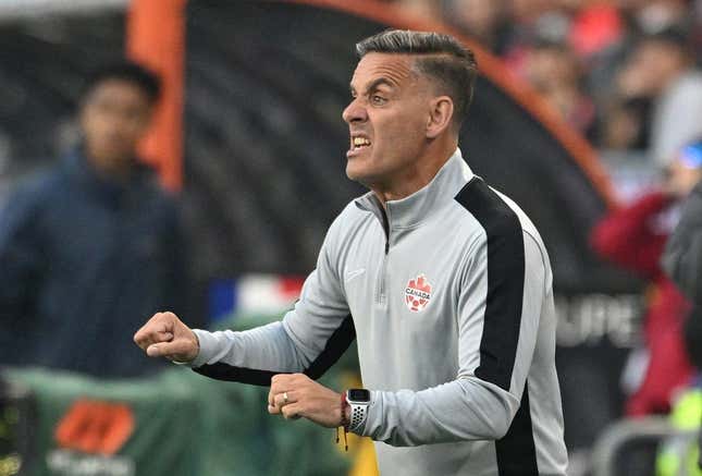 Jun 27, 2023; Toronto, Ontario, CAN; Canada head coach John Herdman reacts to play on the field against Guadeloupe in the second half at BMO Field.