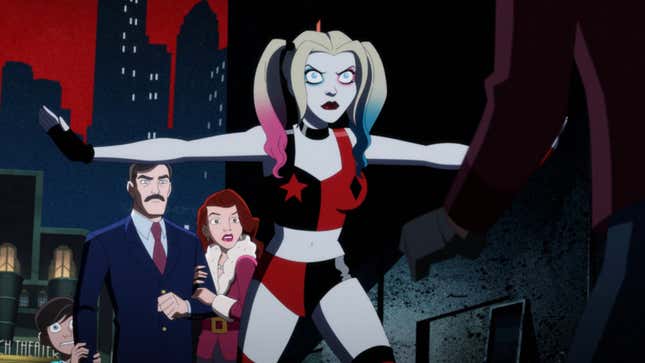 Harley Quinn between a mugger and Thomas, Martha, and 10-year-old Bruce Wayne in Crime Alley.