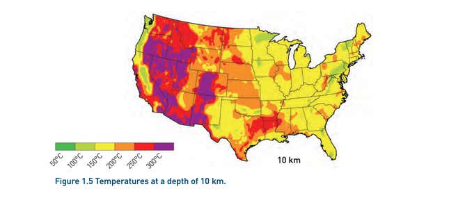 Subterranean map of estimated geothermal resources in the US.