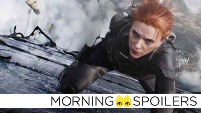 Scarlett Johansson holds onto a crashing plane as Natasha Romanoff in Marvel's Black Widow movie.