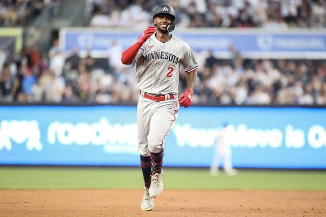 Apr 13, 2023; Bronx, New York, USA;  Minnesota Twins center fielder Michael A. Taylor (2) rounds the bases after hitting a two run home run in the first inning against the New York Yankees at Yankee Stadium.