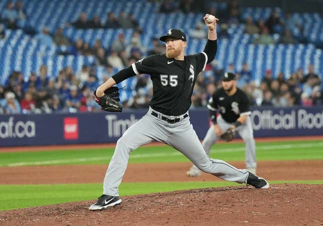 Apr 24, 2023; Toronto, Ontario, CAN; Chicago White Sox relief pitcher Jake Diekman (55) throws a pitch against the Toronto Blue Jays during the seventh inning at Rogers Centre.