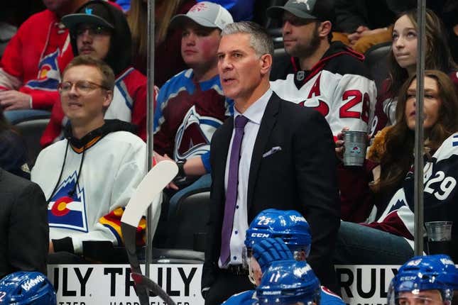 Mar 1, 2023; Denver, Colorado, USA; Colorado Avalanche head coach Jared Bednar during the first period against the New Jersey Devils at Ball Arena.