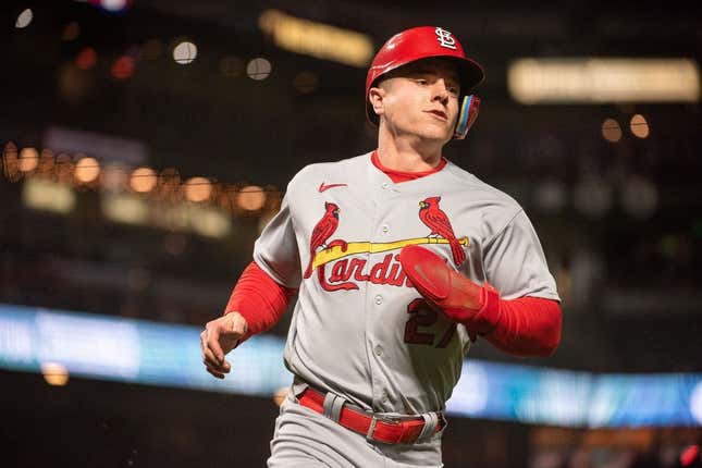 April 25, 2023;  San Francisco, California, USA;  St. Louis Cardinals center fielder Tyler O'Neal (27) drives in a run during the eighth inning against the San Francisco Giants at Oracle Park.