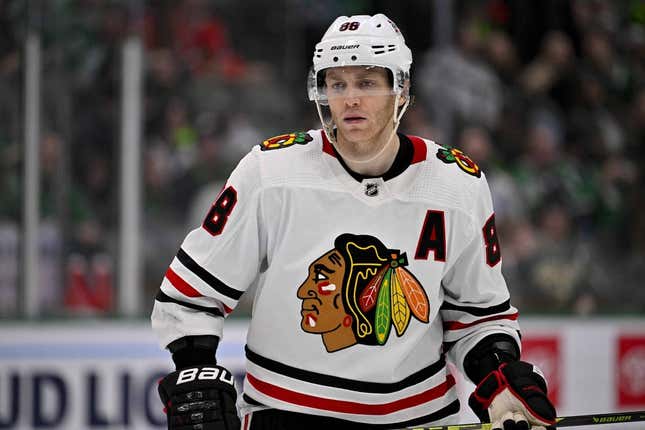 Feb 22, 2023; Dallas, Texas, USA; Chicago Blackhawks right wing Patrick Kane (88) waits for the face-off in the Dallas Stars zone during the third period at the American Airlines Center.