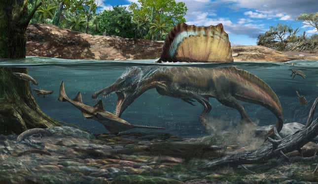 Artist’s conception of Spinosaurus hunting a large Onchopristis.