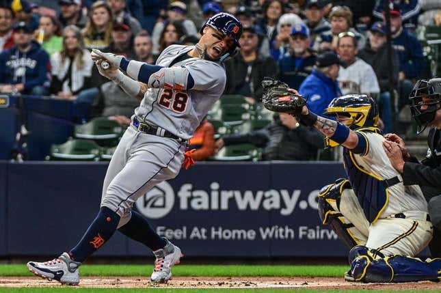 Apr 26, 2023; Milwaukee, Wisconsin, USA; Detroit Tigers shortstop Javier Baez (28) reacts after he was hit by a pitch in the first inning during game against the Milwaukee Brewers at American Family Field.