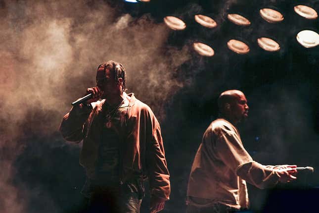 Image for article titled Kanye West Joins Travis Scott on Stage for 1st Performance Since Antisemitic Comments