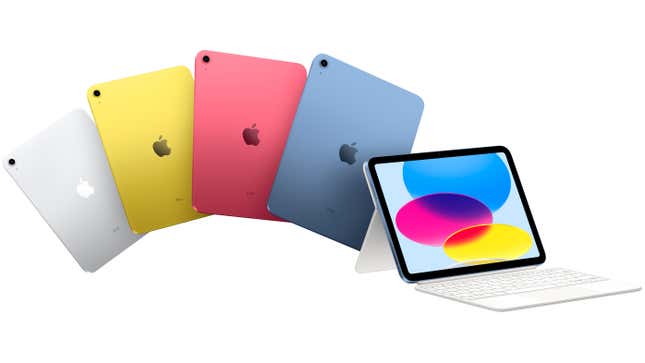 The new 10th generation iPad displayed in four different color options.