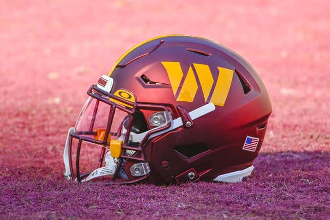 Jan 1, 2023; Landover, Maryland, USA; Washington Commanders helmet on the field before the game against the Cleveland Browns at FedExField.