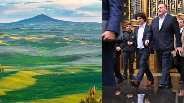 A photo to the right shows rolling green hills going up to a mountain. A right photo shows Sam Bankman-Fried walking away from New York City court.
