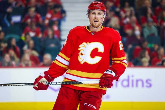 Nov 12, 2022; Calgary, Alberta, CAN; Calgary Flames right wing Brett Ritchie (24) against the Winnipeg Jets during the second period at Scotiabank Saddledome.