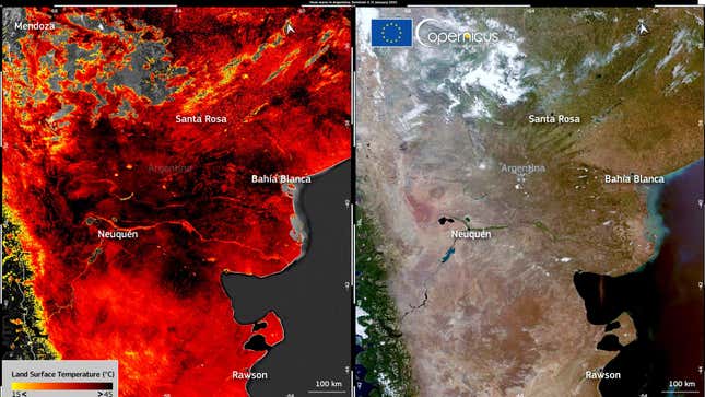 A cloudless view (right) and land surface temperature (left) of southern Argentina.