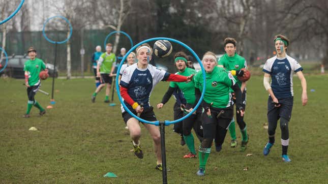 The Keele Squirrels (in green) play the Radcliffe Chimeras during the Crumpet Cup quidditch tournament on Clapham Common on February 18, 2017 in London, England.