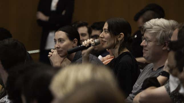 Caroline Polachek asks a question at the Japan Society screening of Angel's Egg.