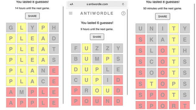 Antiwordle游戏的截图。我失去了8、6、8。