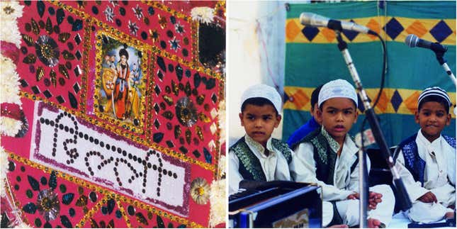 Left: A flower fan carried in the Phulwalon ki sair. Right: Children of qawwals at Quutb Sahib.