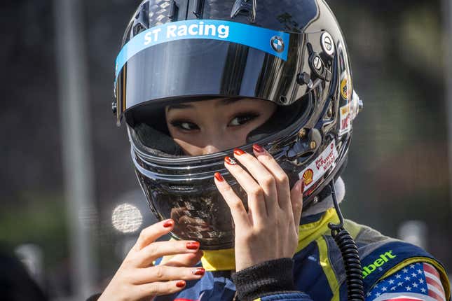 Samantha Tan prepares to drive in the Pirelli GT4 America race at the Acura Grand Prix of Long Beach in 2019.