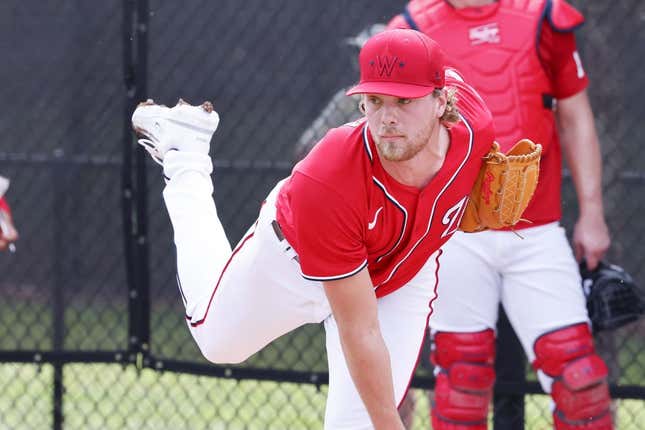 Feb 17, 2023; West Palm Beach, FL, USA;   Washington Nationals starting pitcher Jake Irvin (74) throws bullpen pitches during spring training workouts at the Ballpark of the Palm Beaches.