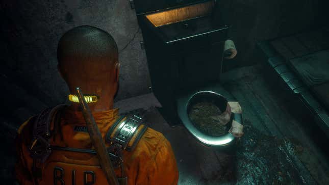 The player character stares at a disgusting toilet.